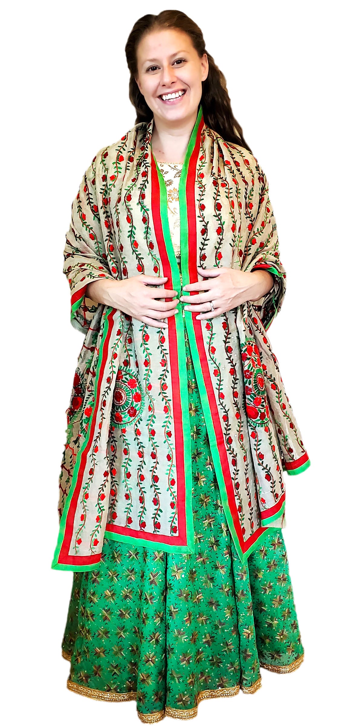 Red and Green Color Hand Embroidery Shawl/Evening Wrap/Dupatta - GPS18643