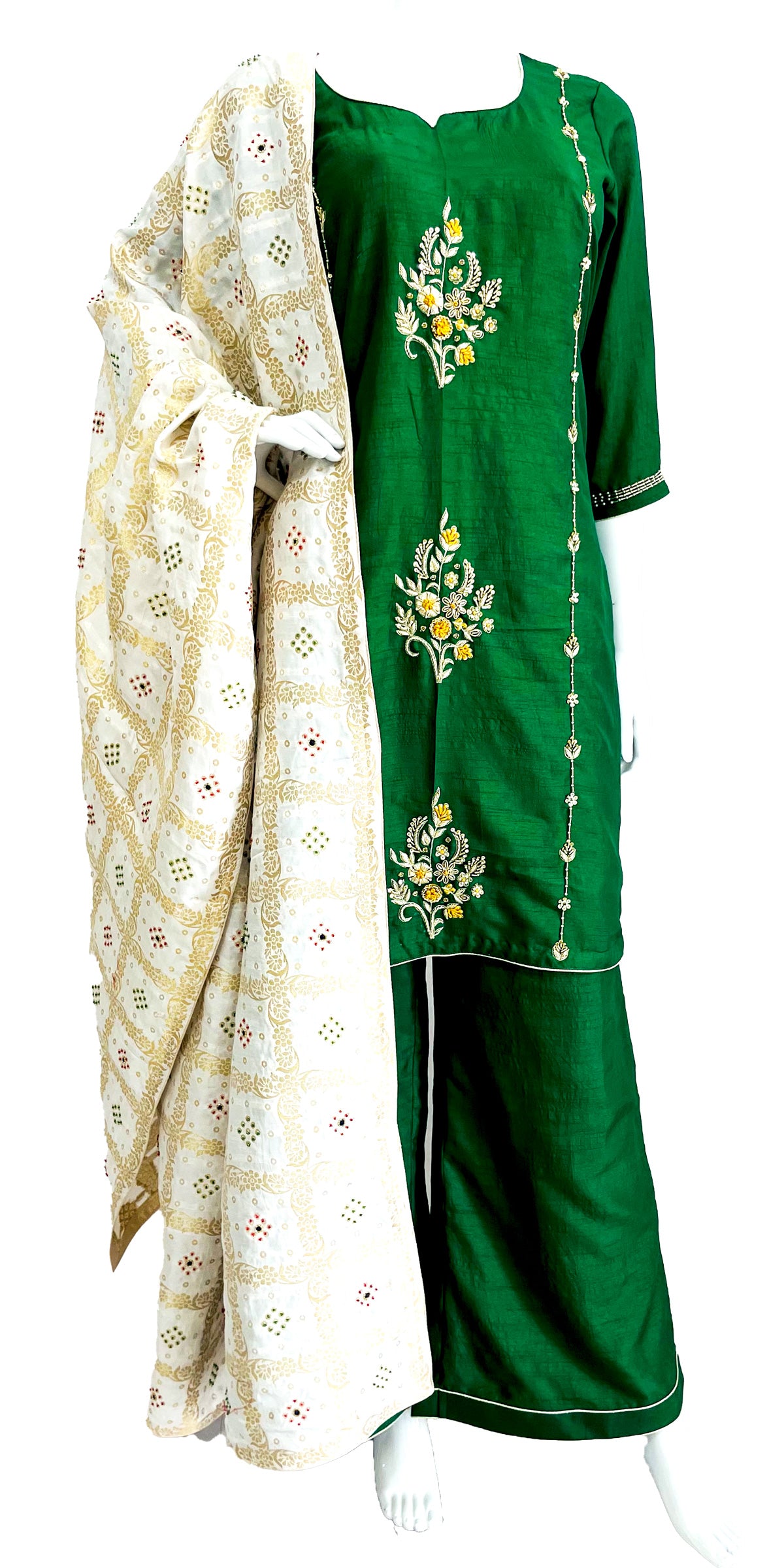 Green Hand Embroidered Palazzo Suit with Cut Dana Work CNP Associates LLC Green Hand Embroidered Palazzo Suit with Cut Dana Work CNP Associates LLC
