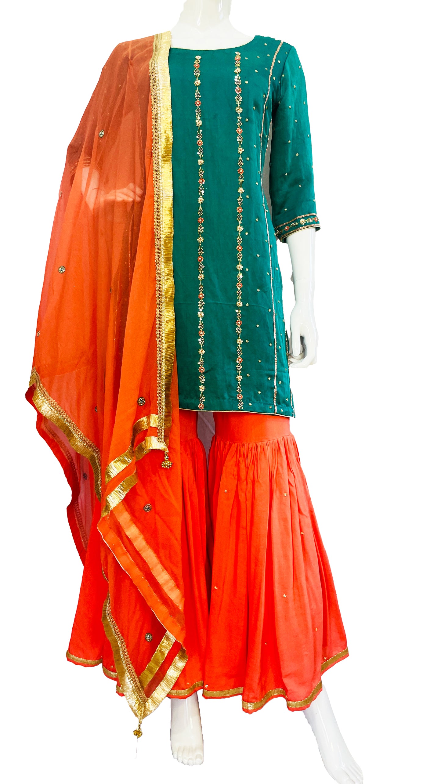 Peach Turquoise Hand embroidery Zardosi Embroidered Sharara- Garara Suit