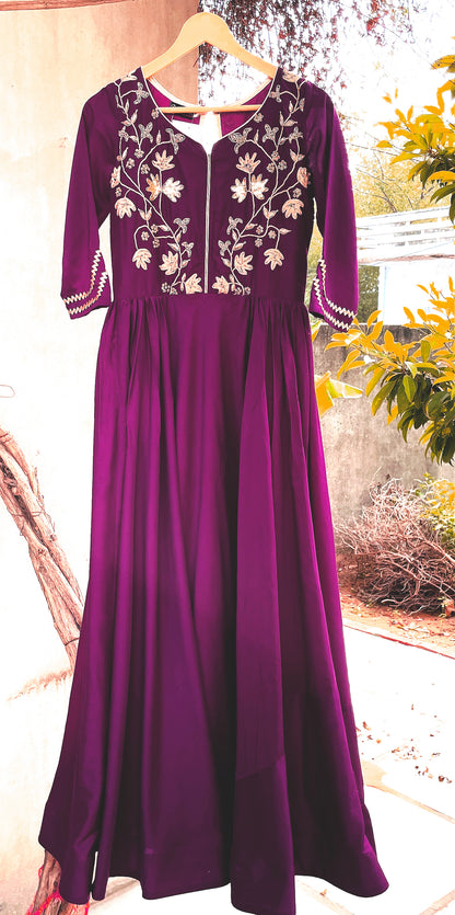 Wine Muslin Long Dress with Hand Embroidery work