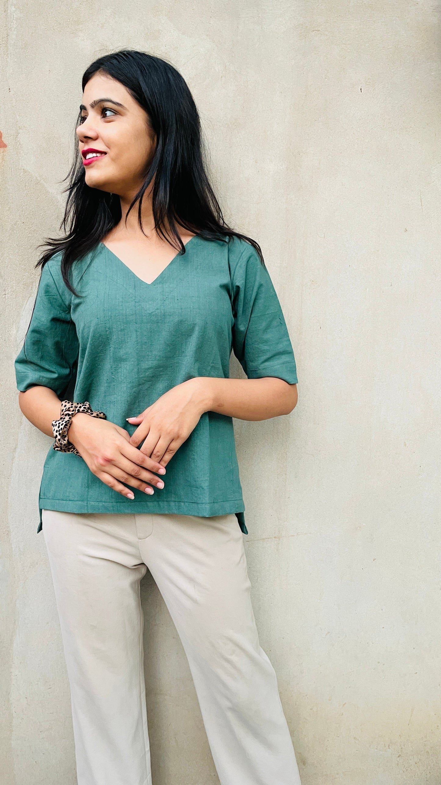 Summer Crop top Teal color made of Linen Khadi Fabric