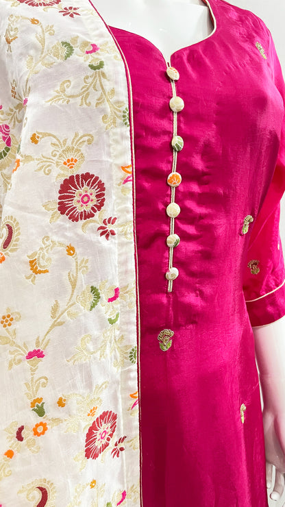 Beige and Pink Hand embroidered Punjabi Patiala Salwar Suit, Pure Upada Silk Punjabi Suit