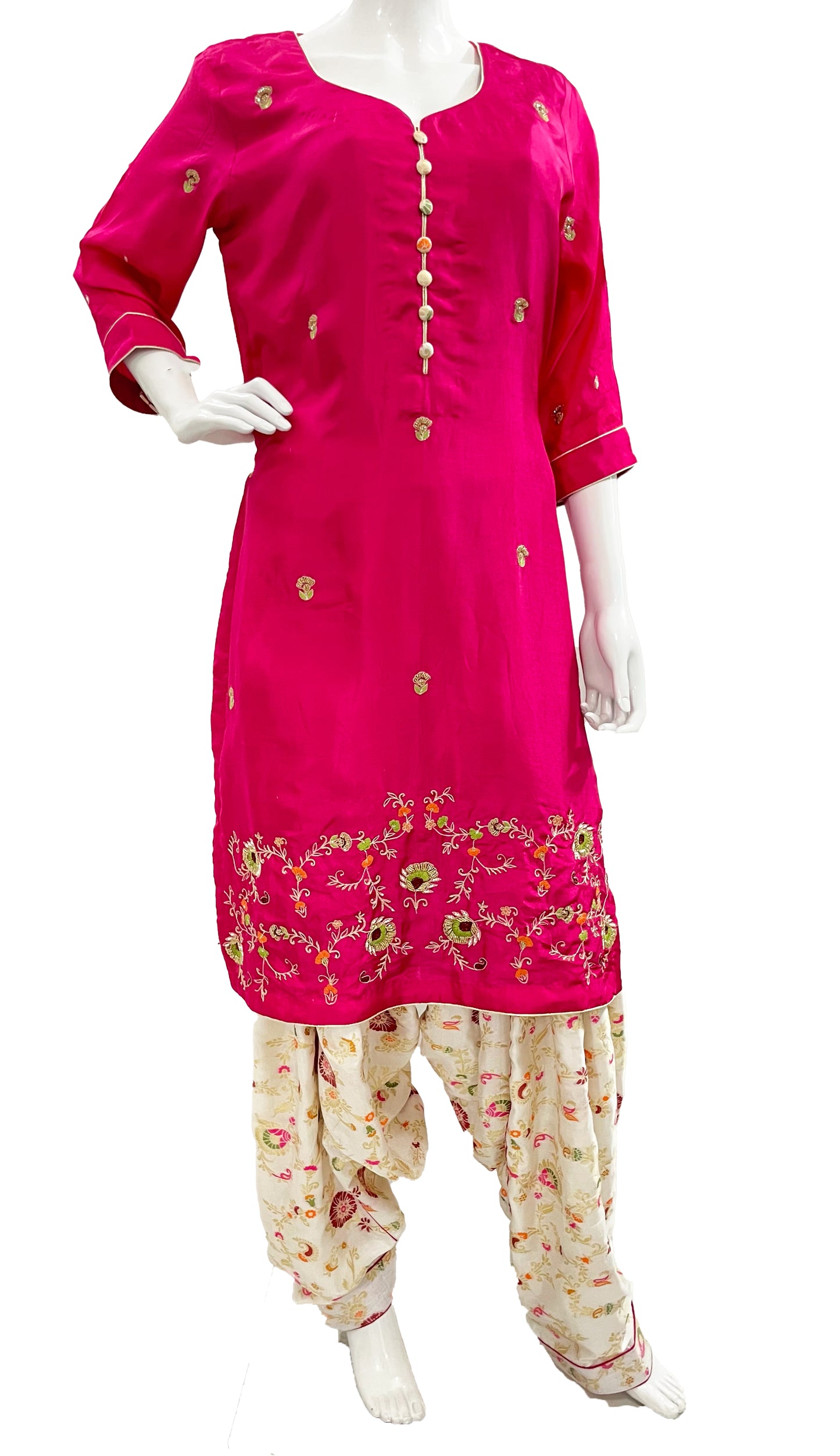 Beige and Pink Hand embroidered Punjabi Patiala Salwar Suit, Pure Upada Silk Punjabi Suit