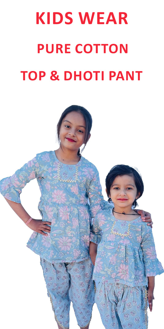 Dhoti Set for Kids, Blue Dress for Kids, Dhoti Dress Kids, Floral Design Matching Top and Bottom, Kids Wear, Indian Kids wear, Rajasthani dress for kids