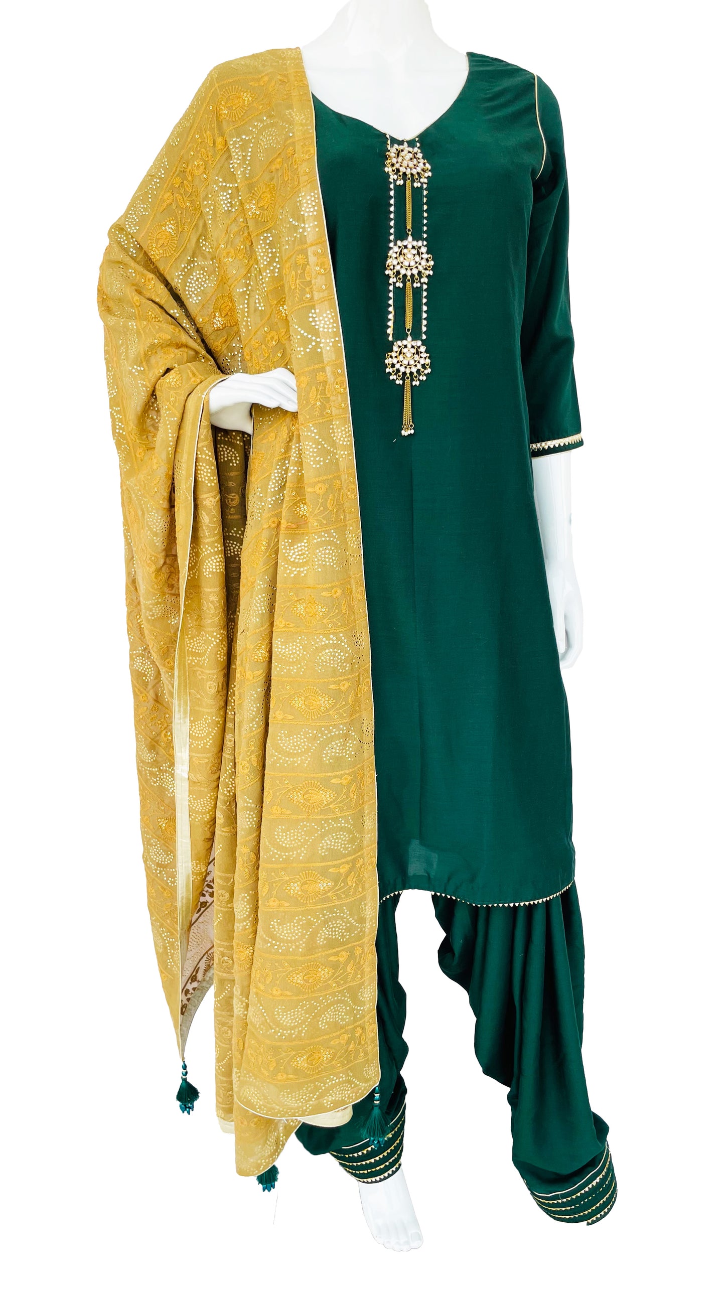 Green Punjabi Patiala Salwar Suit, Muslin Punjabi Suit with Mustard Yellow Dupatta