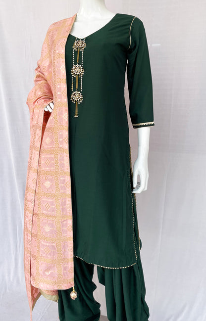 Dark Green Punjabi Patiala Salwar Suit, Muslin Punjabi Suit