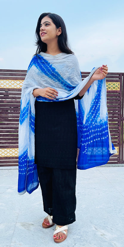 Blue and White Jaipur Bandhani Art Silk Dupatta Lightweight Tie Dye, With Lace