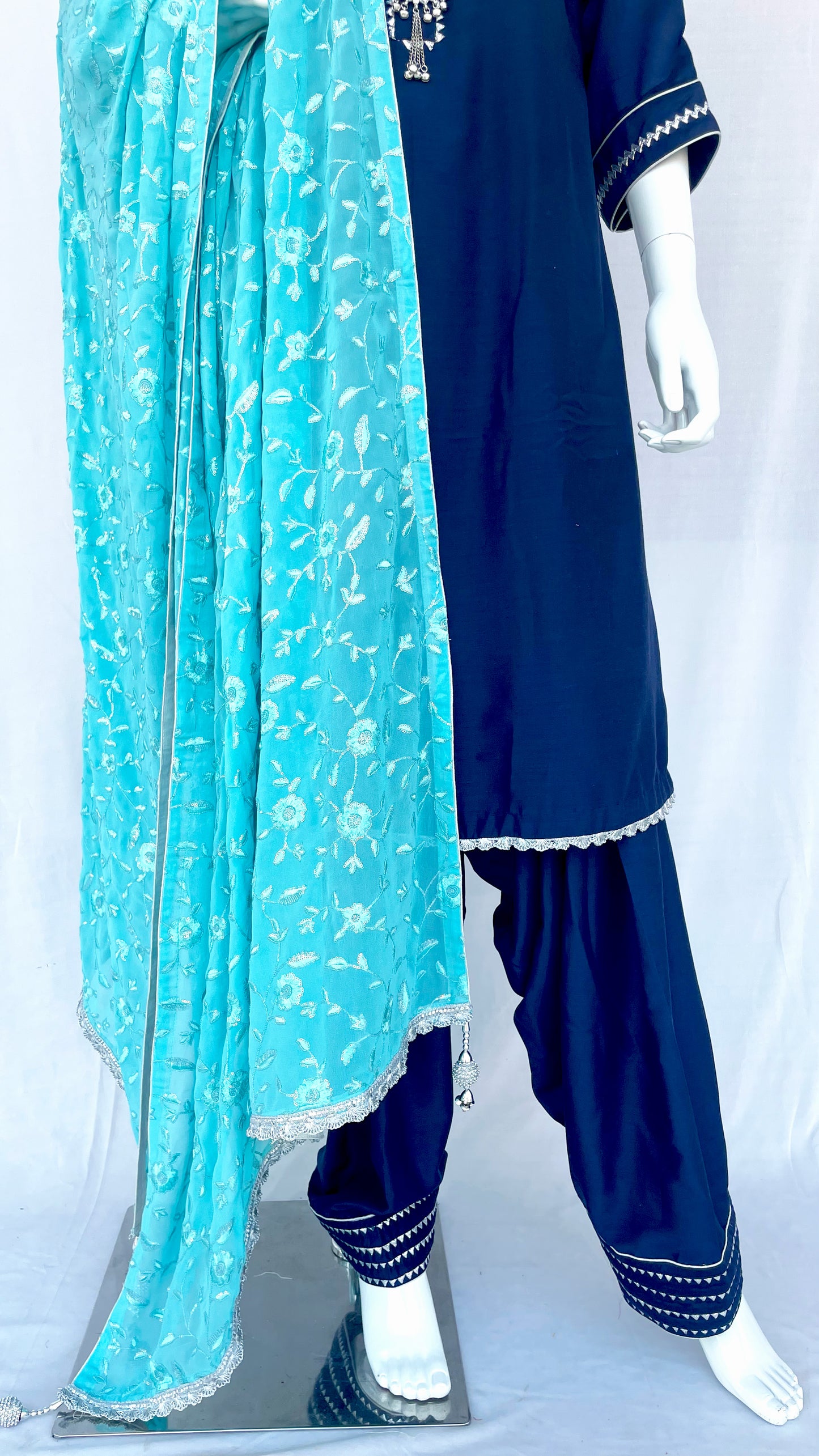 Navy Blue Punjabi Patiala Salwar Suit, Muslin Punjabi Suit with  Turquoise Dupatta