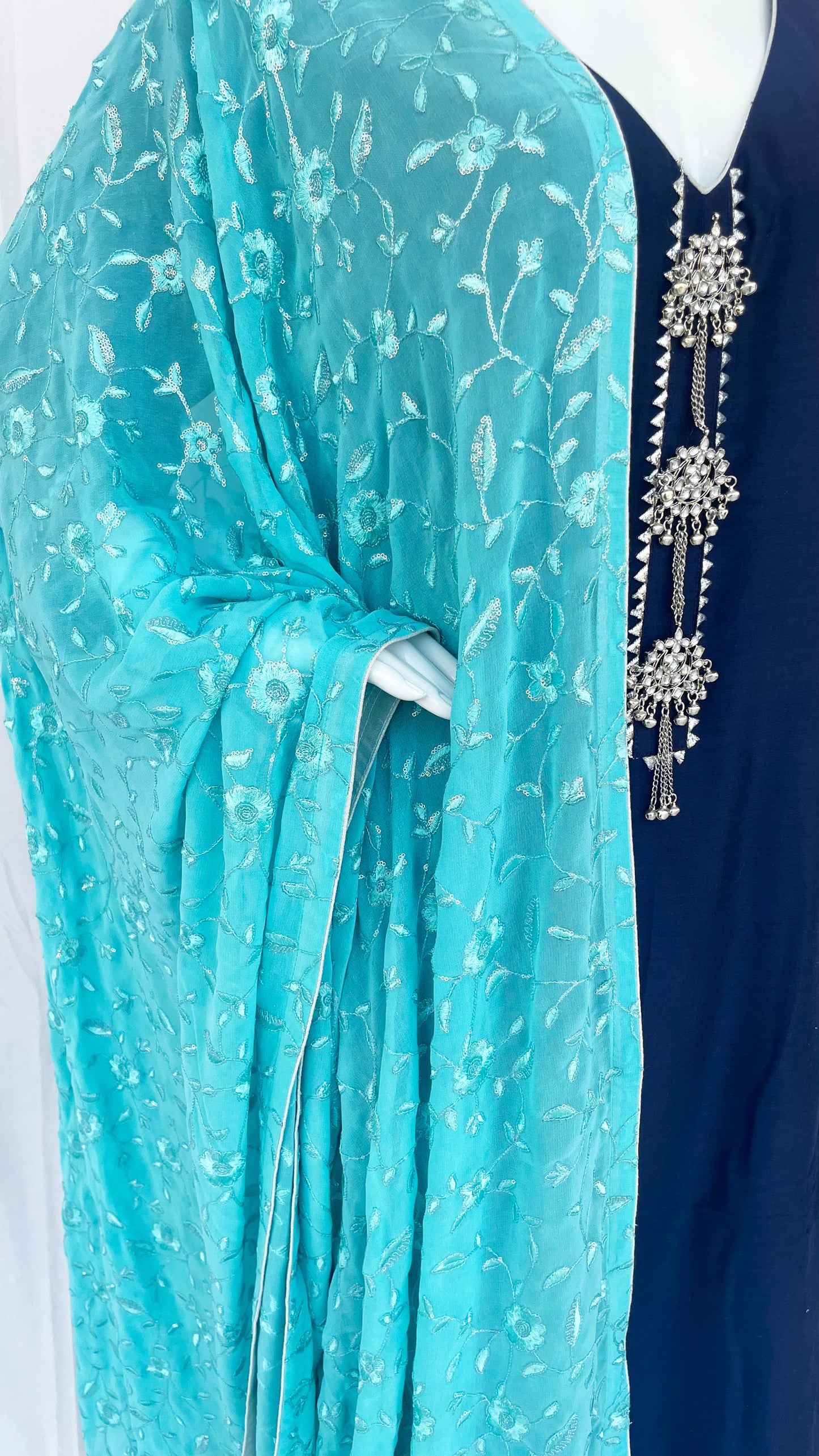 Navy Blue Punjabi Patiala Salwar Suit, Muslin Punjabi Suit with Turquoise Dupatta