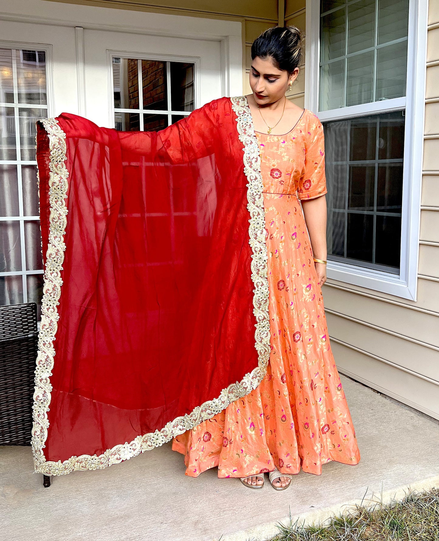 Long Peach Dress Silk Dress, Partywear Floor Length Dress with red floral design