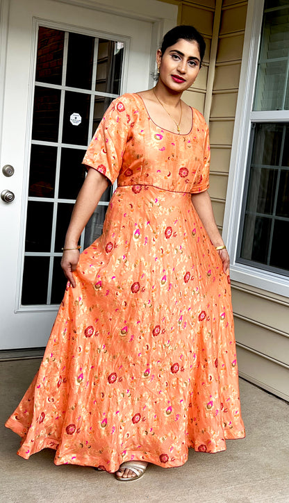 Long Peach Dress Silk Dress, Partywear Floor Length Dress with Velvet Stole