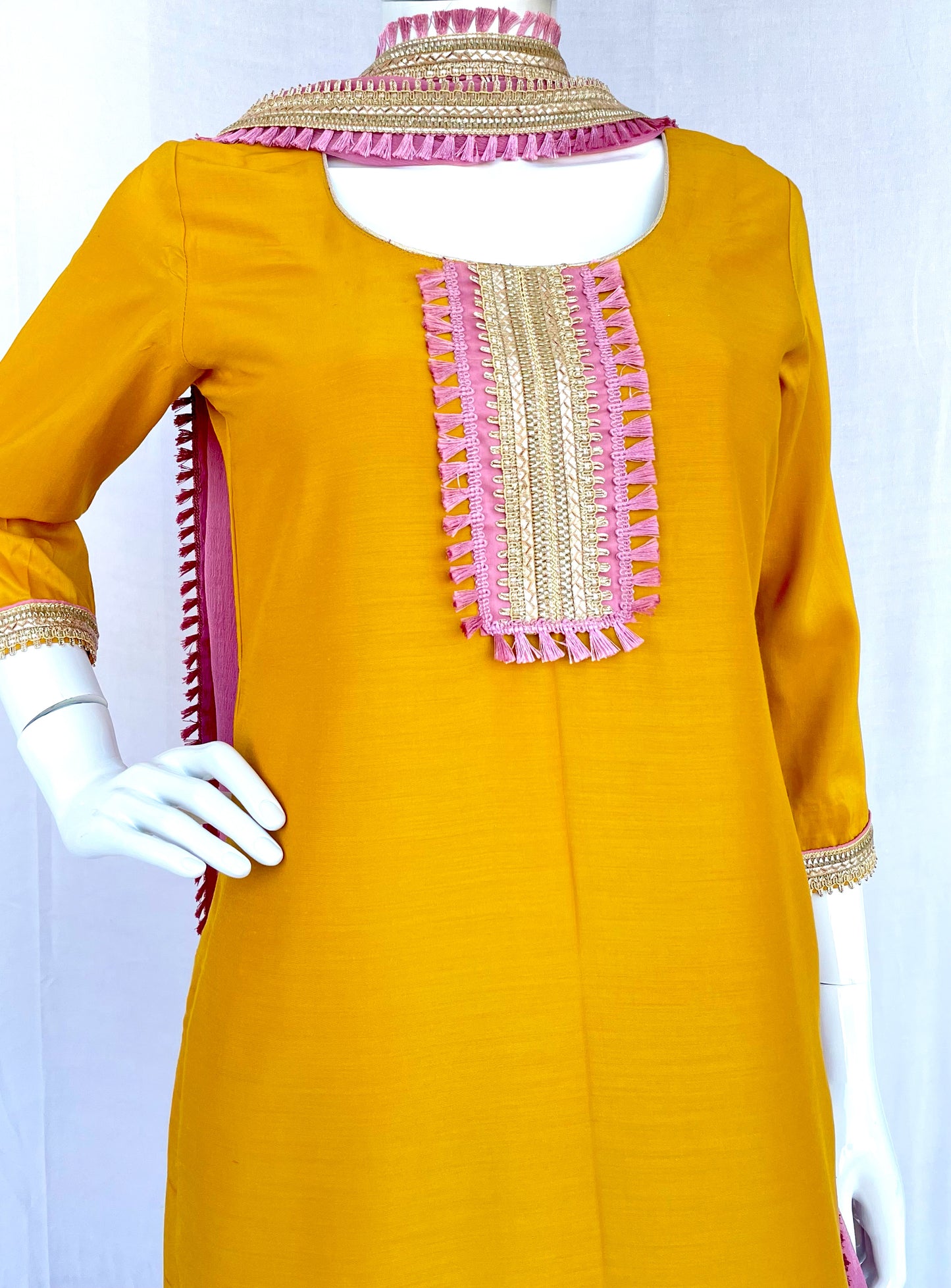 Onion Pink - Mustard Pant suit with Kurta Top and Dupatta with border