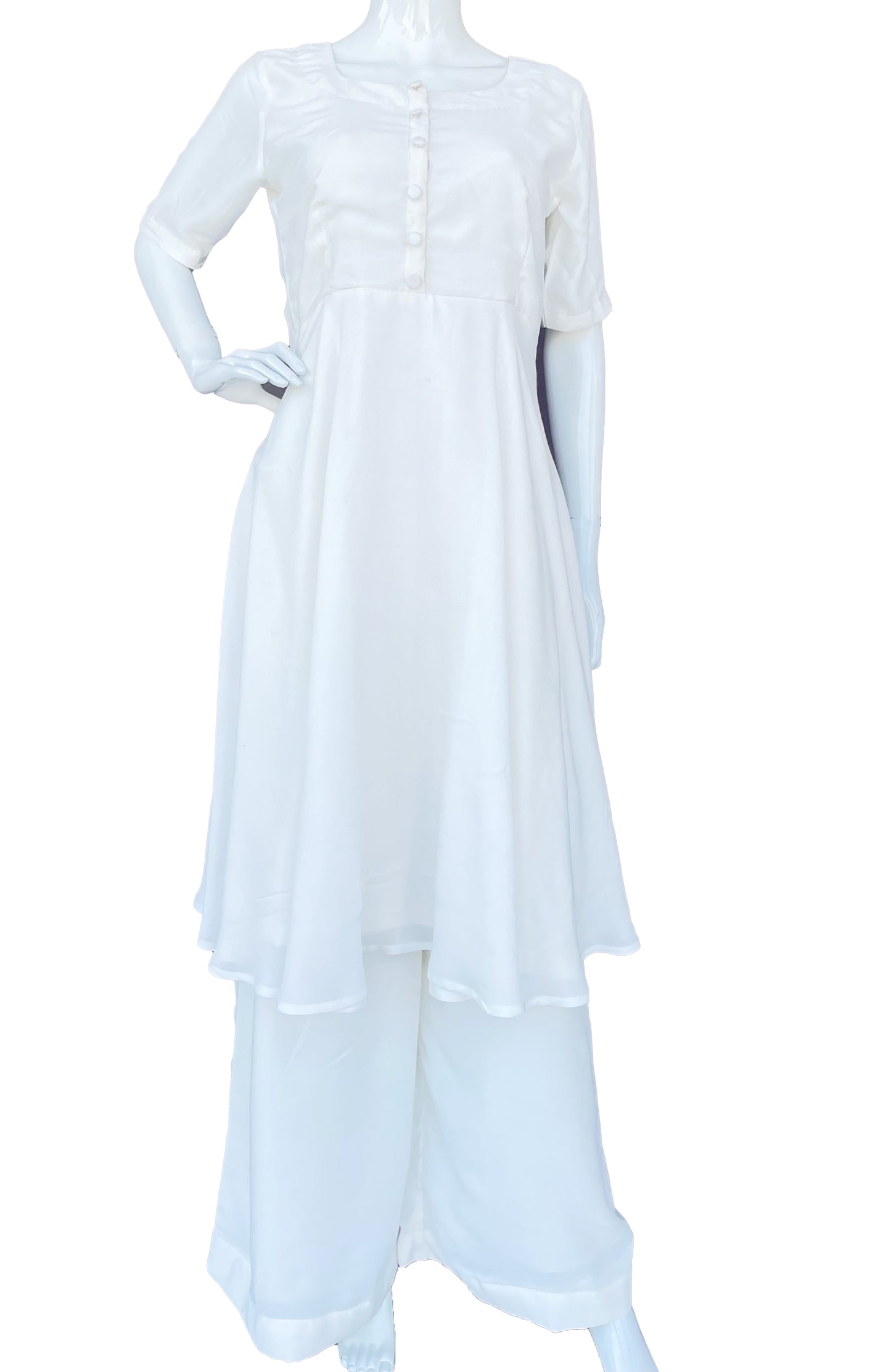 White Pure Muslin Flared kurta Palazzo With Dupatta
