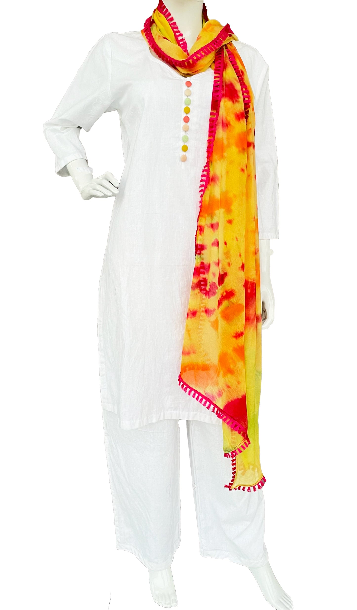 White Pure Muslin kurta Sharara With Yellow Red Tie Dye Dupatta