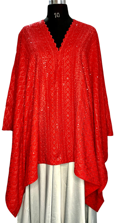 Bright Red Boho Women Versatile Poncho with sequins work
