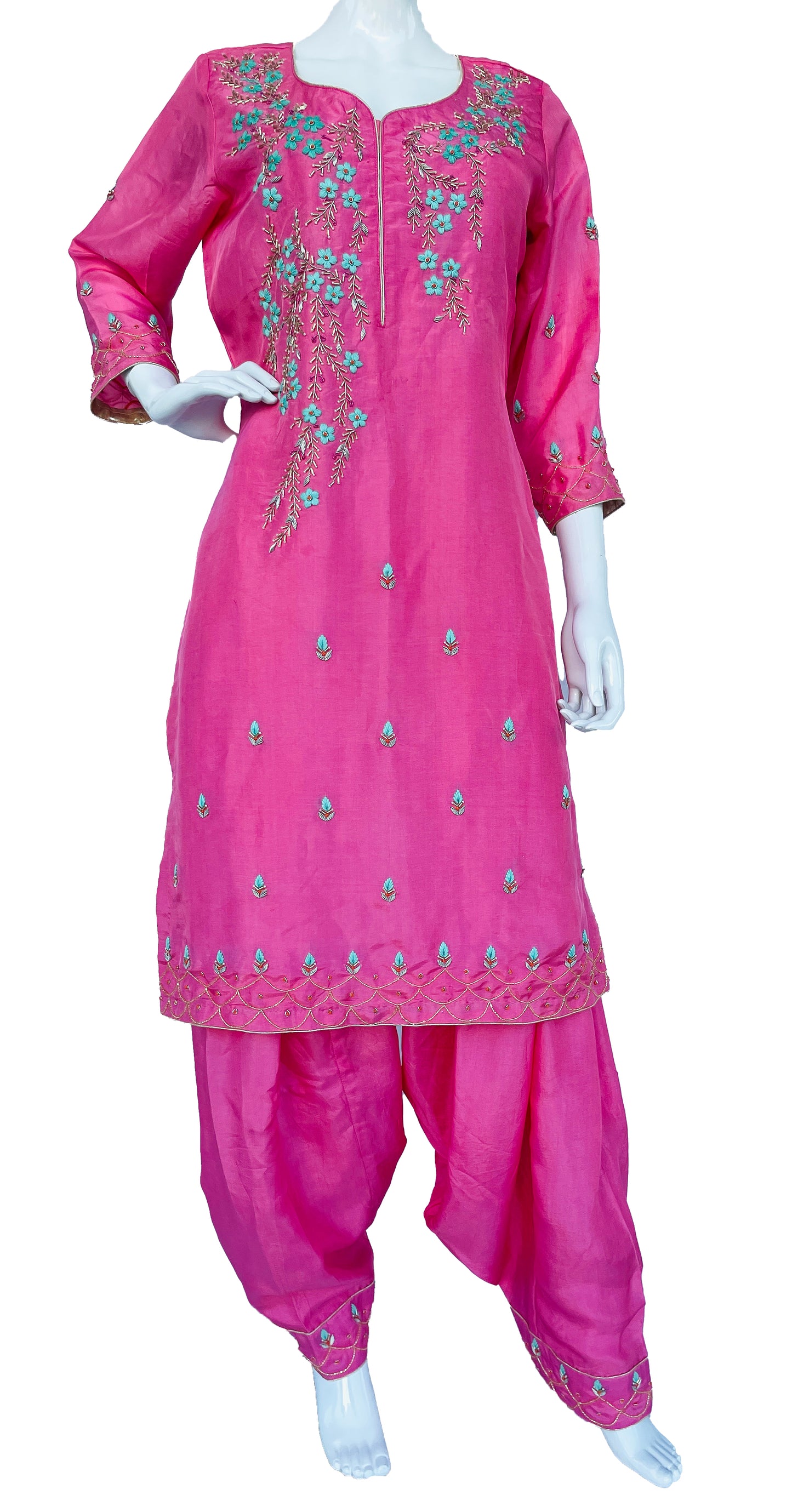 Pink Pure Upada Silk Patiala Salwar Kameez Suit with Chinon Dupatta