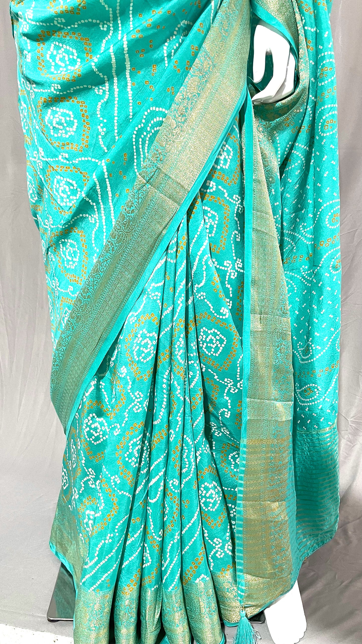 Sea Green Bandhani Sari, Bhandej Silk Saree, Jaipuri print Saree
