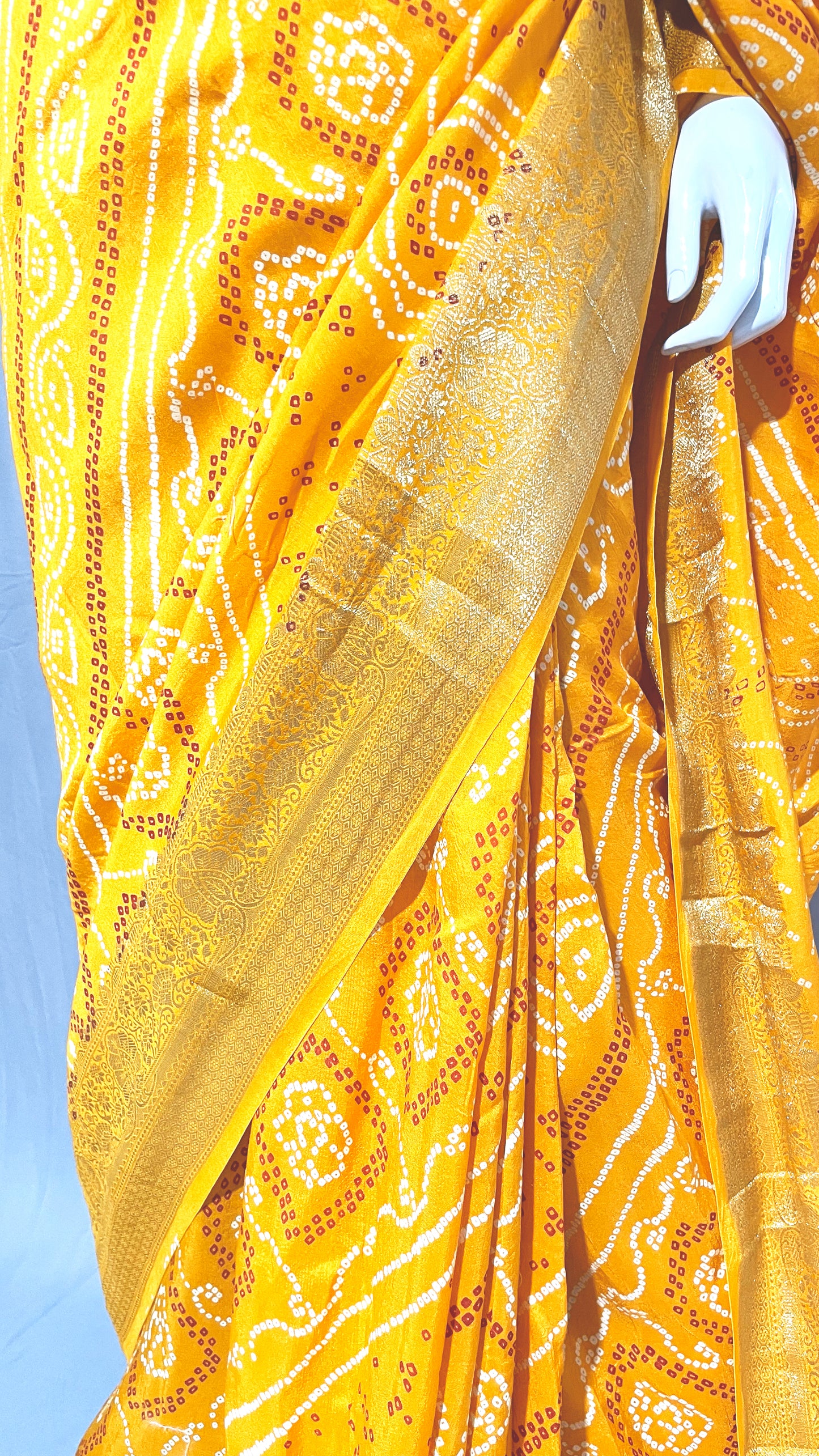 Bright Yellow Bandhani Sari, Bhandej Silk Saree, Jaipuri print Saree
