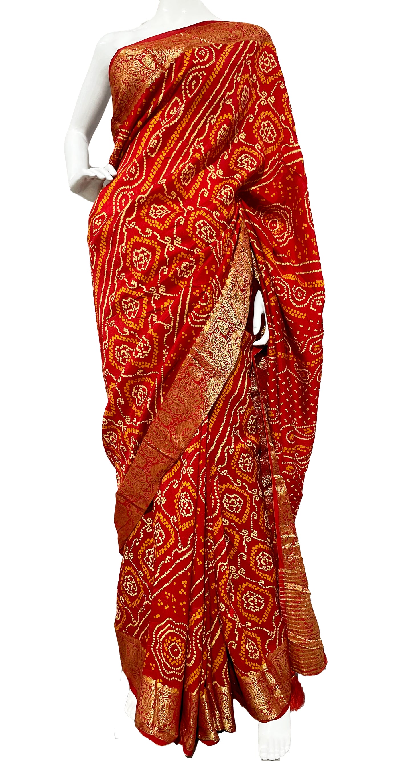 Red Orange Bandhani Sari, Bhandej Silk Saree, Jaipuri print Saree