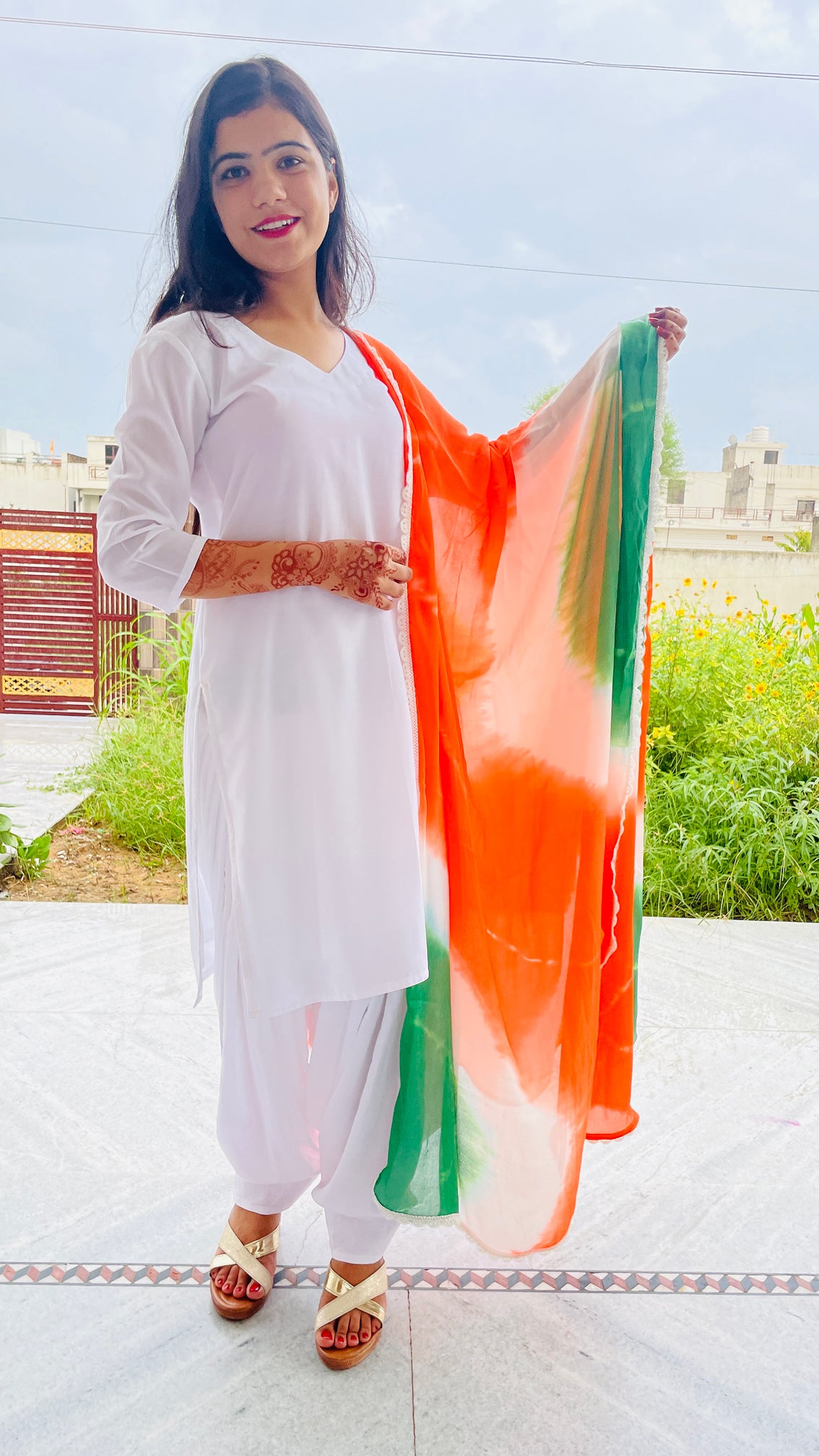 White  Muslin Patiala Salwar Kameez with Tri color Dupatta (Hand Tie-Dye)
