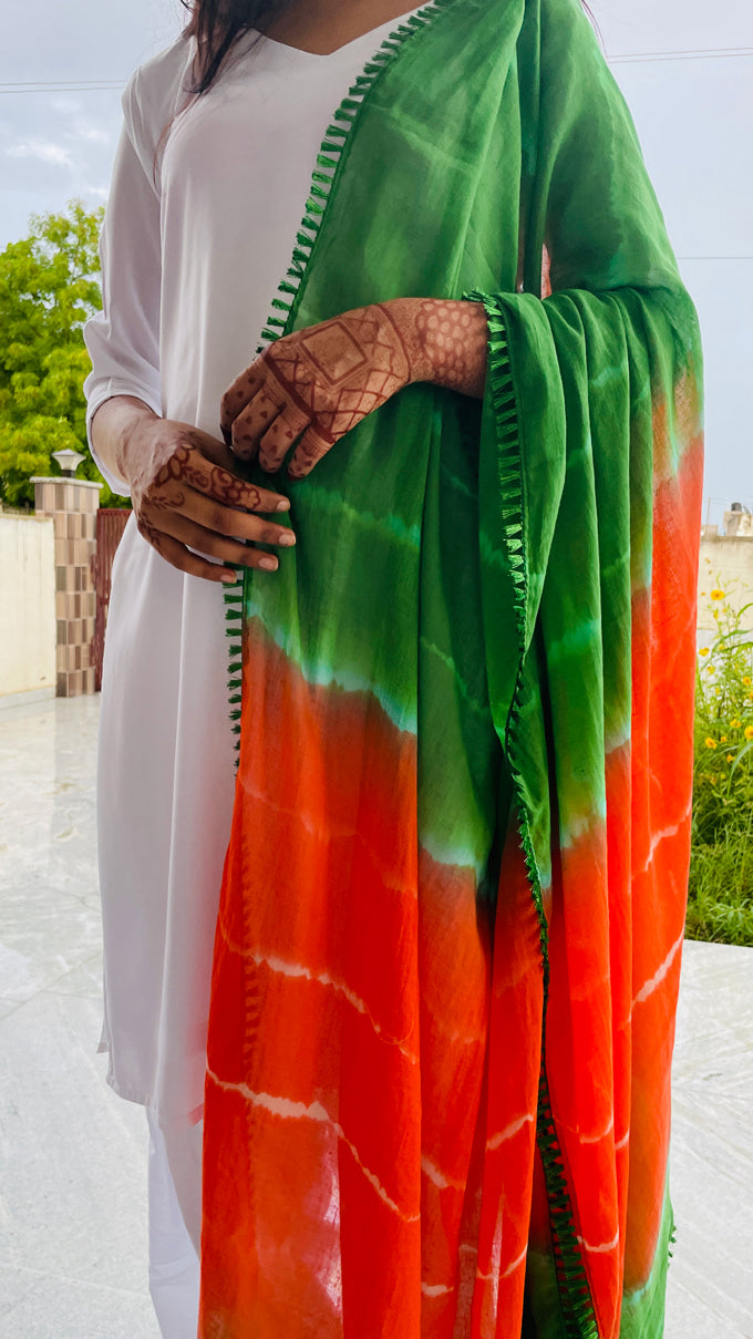 Tricolor Dupatta, Pure Mulmul(Muslin), Hand Tie -Dye, with Border