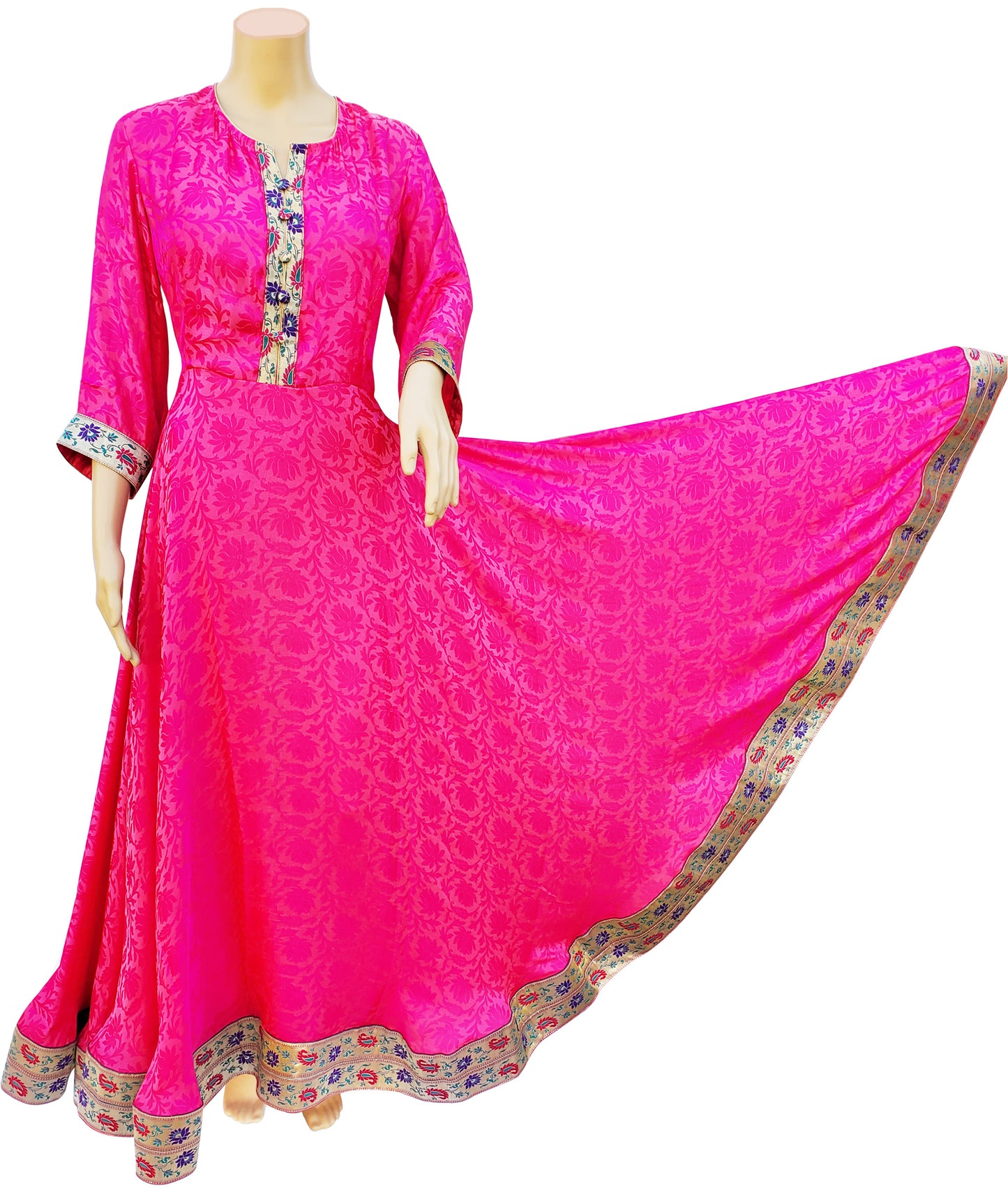 Hot Pink Silk Long Flared Dress