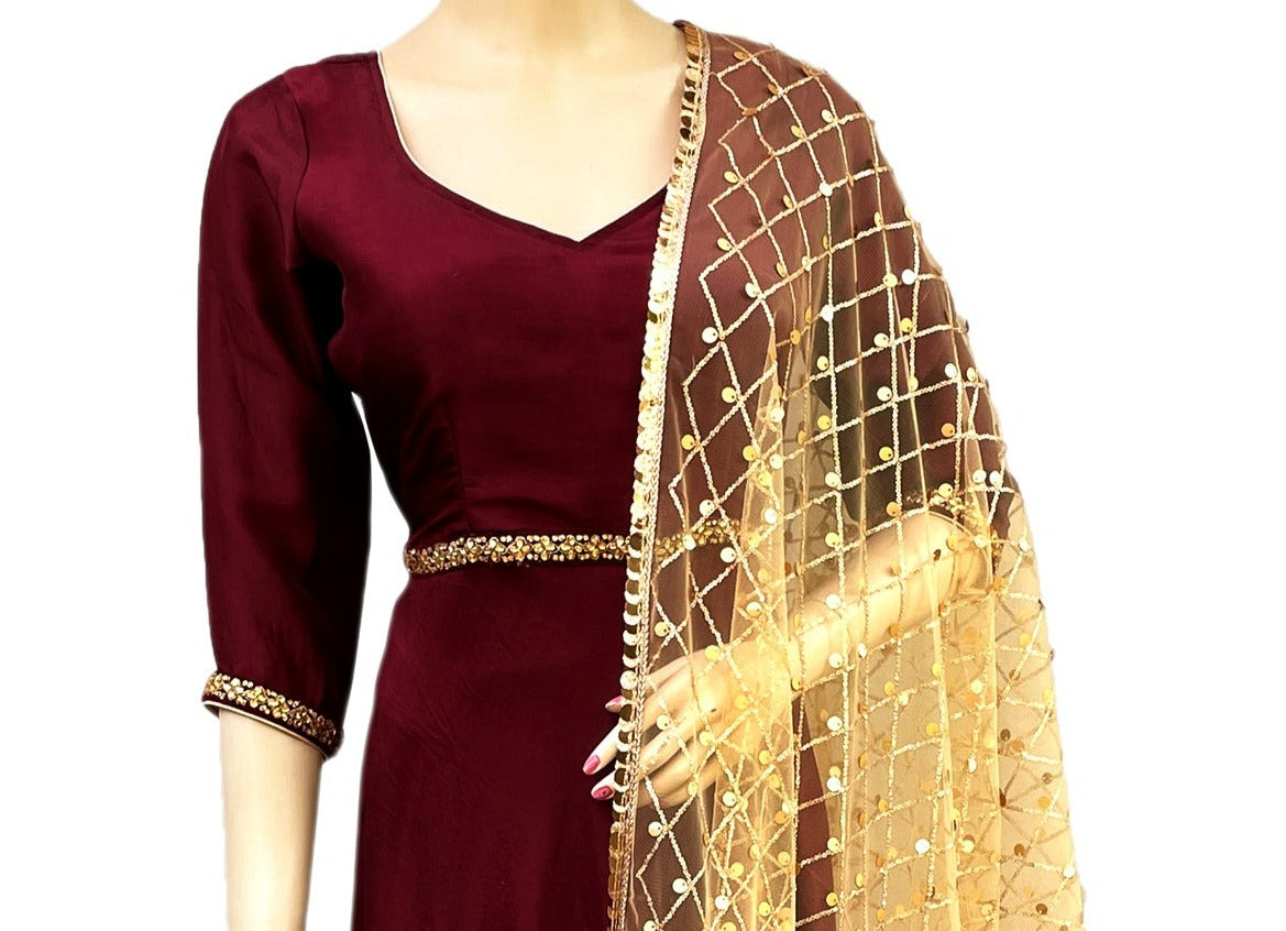 Maroon Pure Silk long dress with embroidered net dupatta
