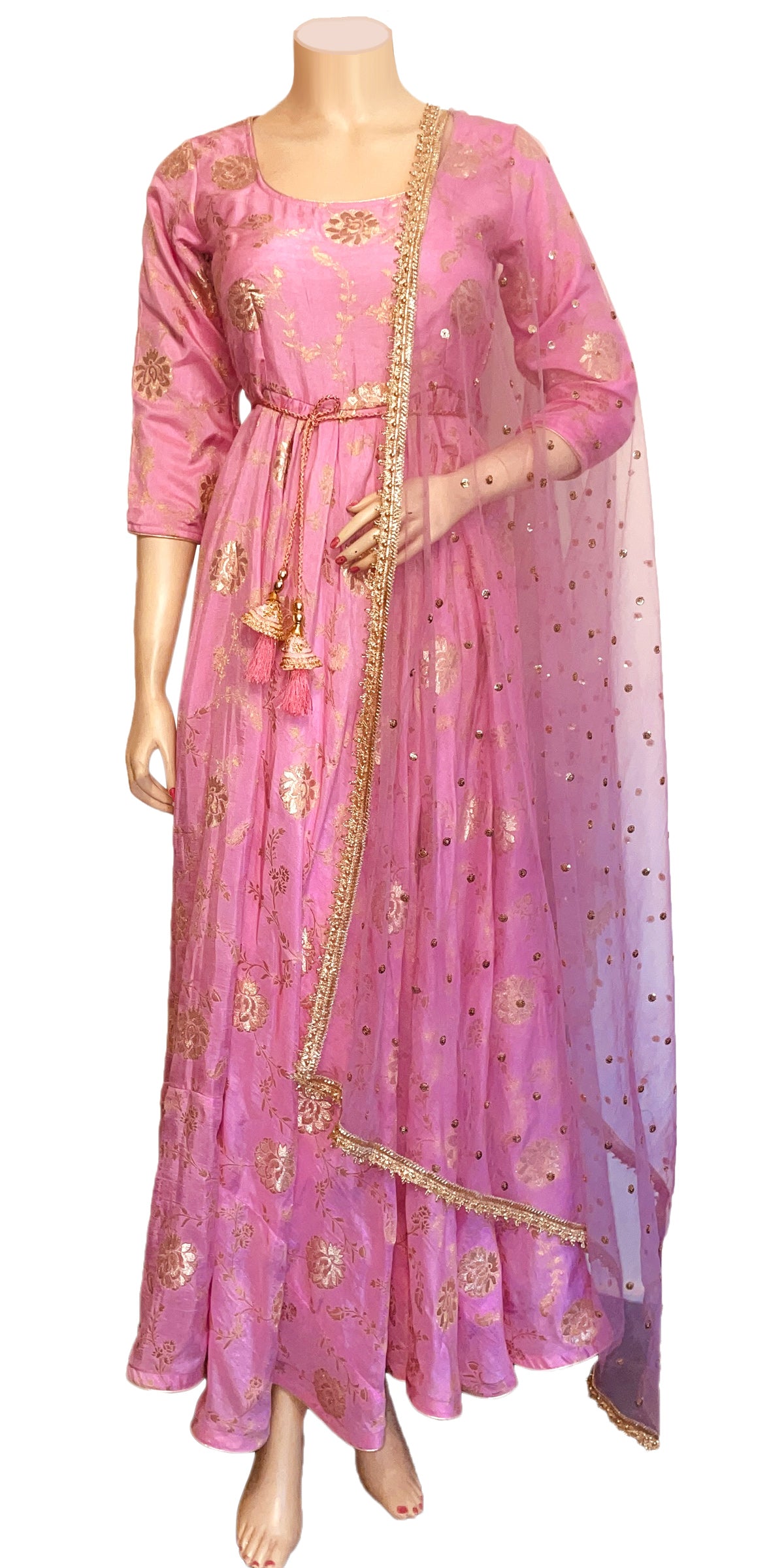 Long Pink Dress Silk Dress, Partywear Floor Length Dress with  Net Stole