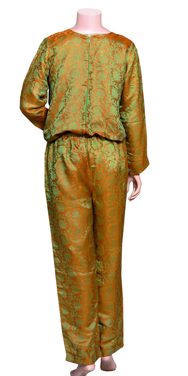 Olive Green Floral Silk Long Jumpsuit