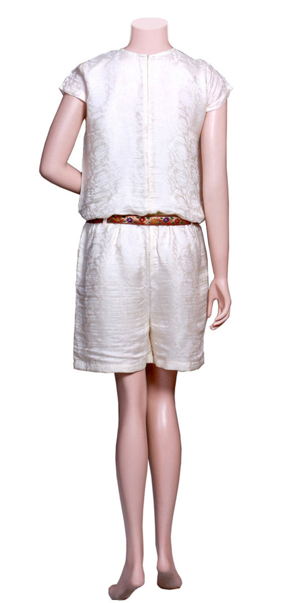 Cream Floral design Silk Short Jumpsuit
