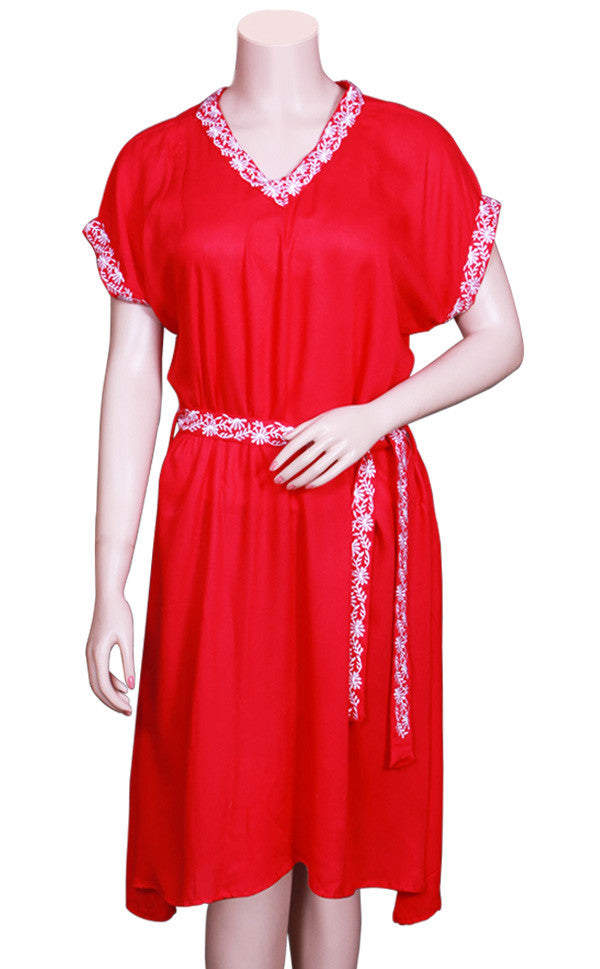 Red Rayon Dress With Embroidered Borders