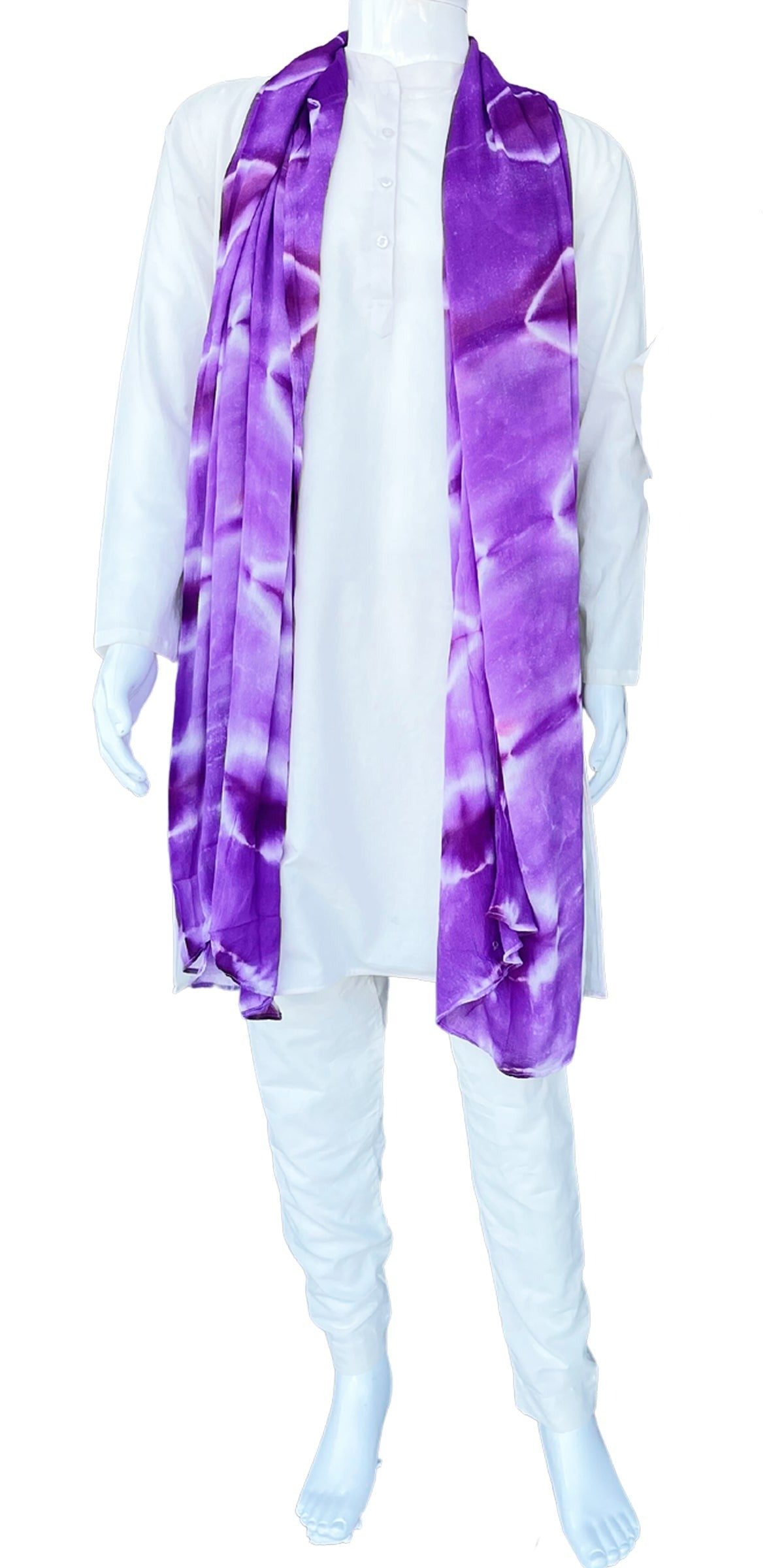 White Color Cotton Men's Kurta Pajama Indian with Lavender Stole
