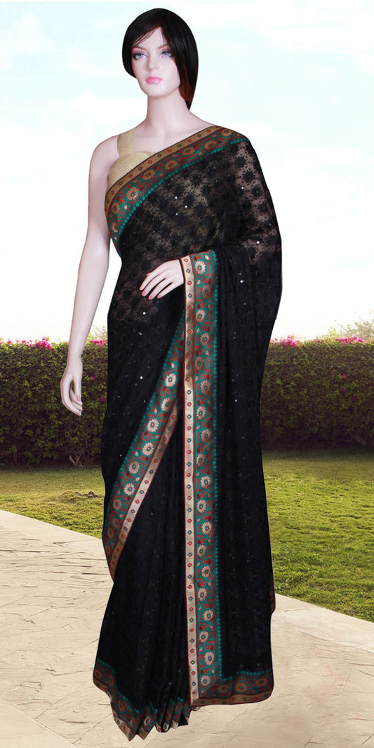 Black Saree, Heavy embroidered saree, Black Banrasi Border Saree, Black Wedding saree, Black partywear Saree, Phulkari saree, Indian Saree, Indian Ethnic saree, Indian Partywear, Indian Chiffon Sari, Designer Sari