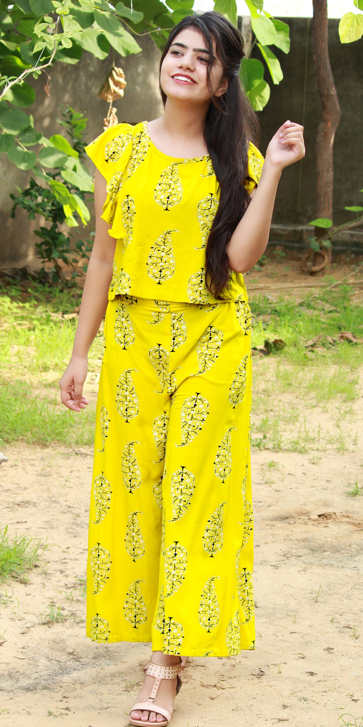 Yellow Printed Blouse & Palazzo Pants Set