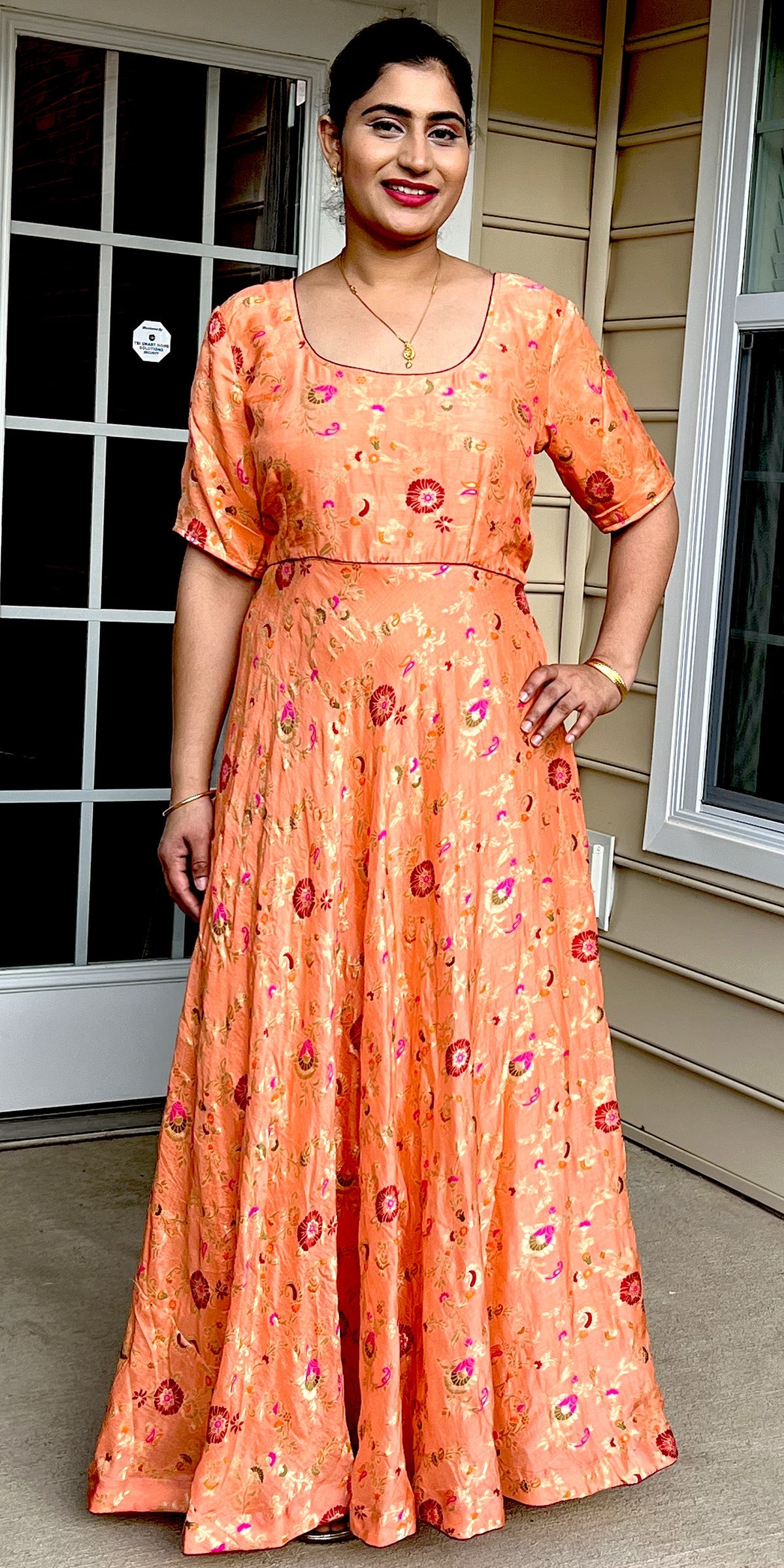 Long Peach Dress Silk Dress, Partywear Floor Length Dress with red flo CNP Associates LLC Long Peach Dress Silk Dress, Partywear Floor Length Dress with red flo CNP Associates LLC