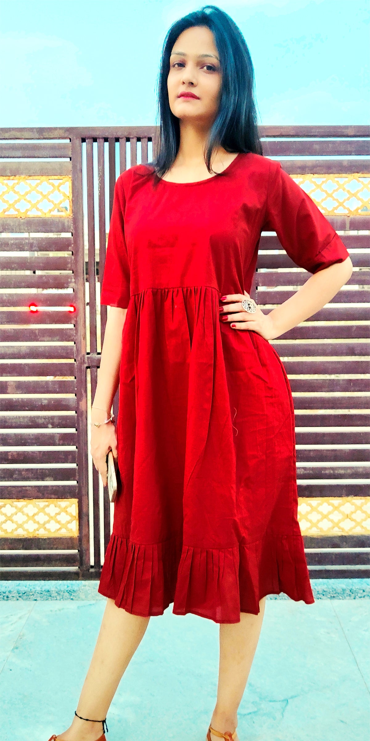 100% Pure Cotton Voile A- line Summer Dress Rust Color