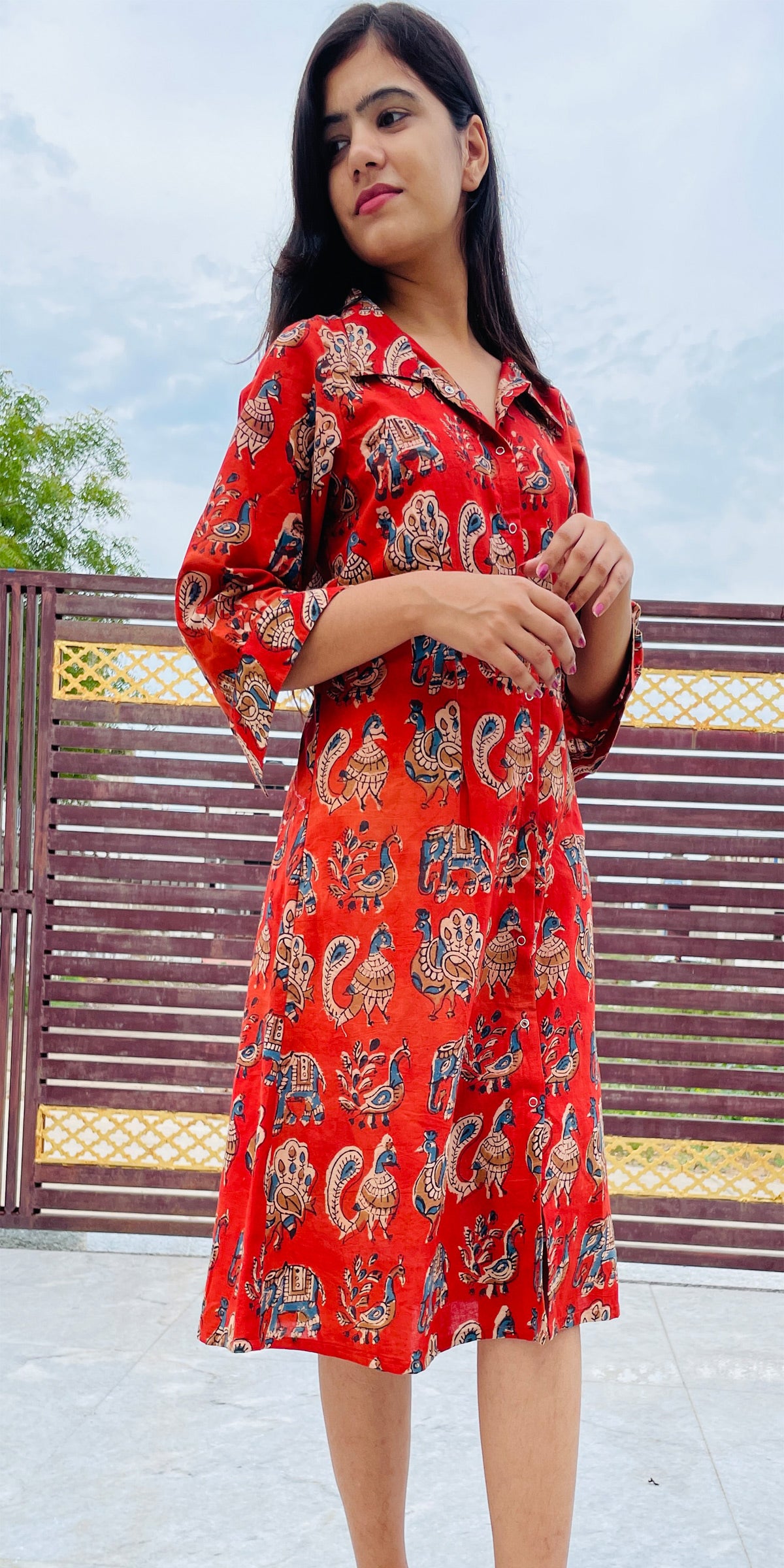 Red Block Printed, Button Up Dress, Pure Cambric Cotton Fabric CNP Associates LLC Red Block Printed, Button Up Dress, Pure Cambric Cotton Fabric CNP Associates LLC