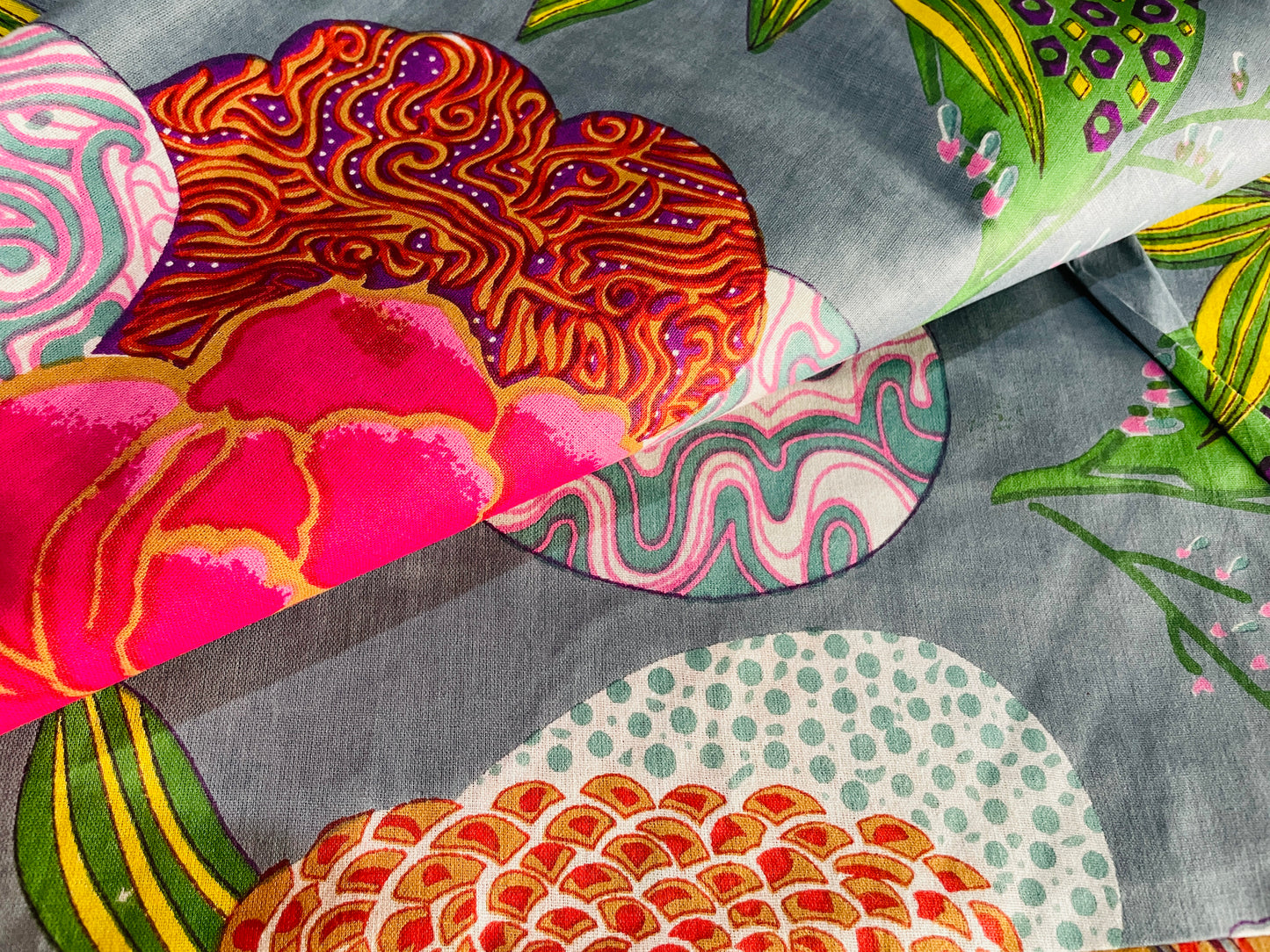 Pure Cotton Cambric Printed Colorful Floral, Garden Pattern on Grey