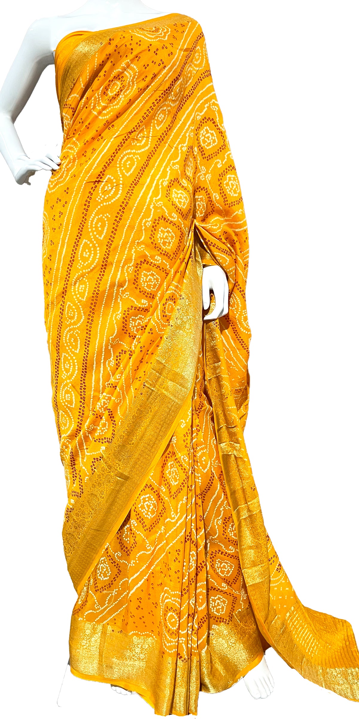 Bright Yellow Bandhani Sari, Bhandej Silk Saree, Jaipuri print Saree