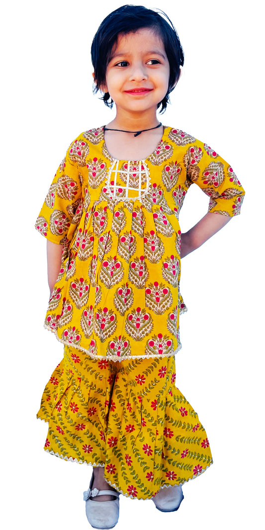 Yellow Block Print Sharara Top Set Kurti Pure Cotton Comfortable Kids Dress