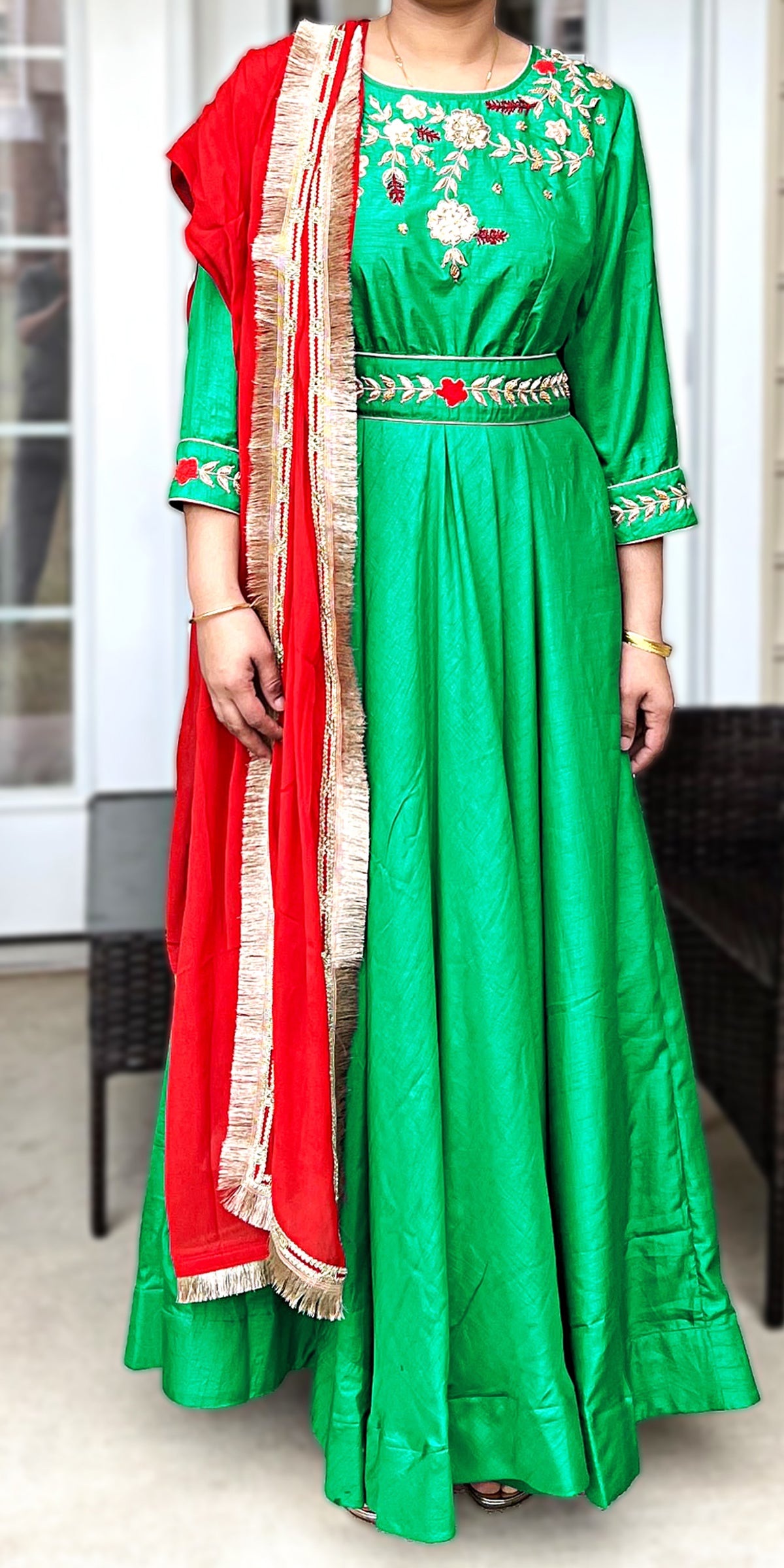 Green color hand embroidered long dress with belt and Red dupatta Green color hand embroidered long dress with belt and Red dupatta