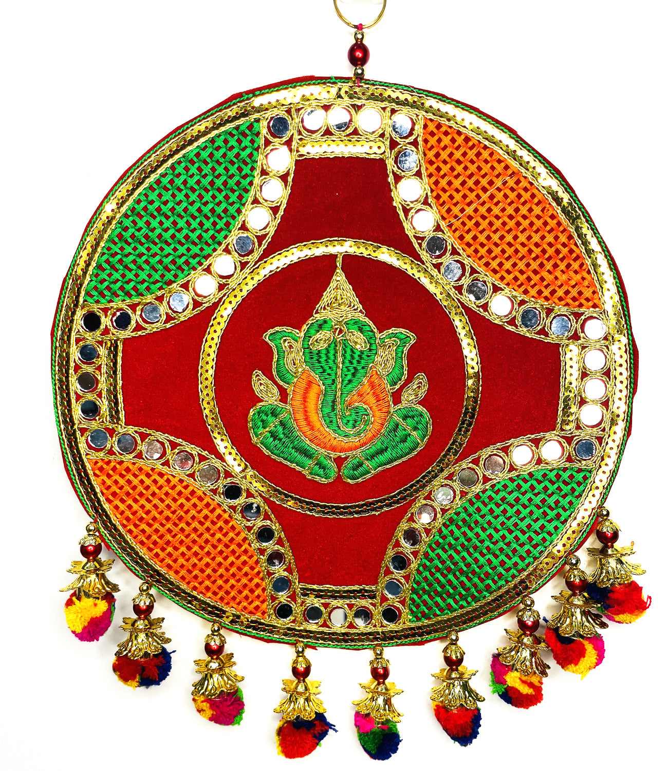 Sitting Shri Ganesh with Tassels and MirrorWork Colorful Wall hangings Pooja Festive Home door decoration