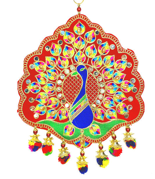A set of 2 pieces, Peacock with Tassels and Mirror work Colorful Wall hangings Pooja Festive Home door decoration