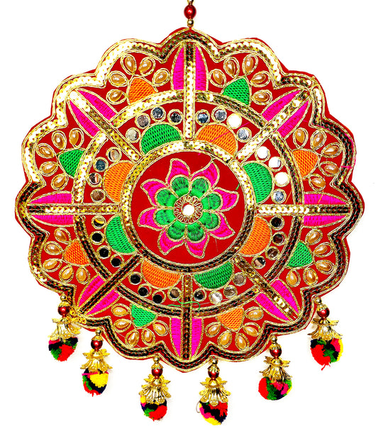 A set of 2 pieces, Lotus  Flower Rangoli with Tassels and Mirror work Colorful Wall hangings Pooja Festive Home door decoration