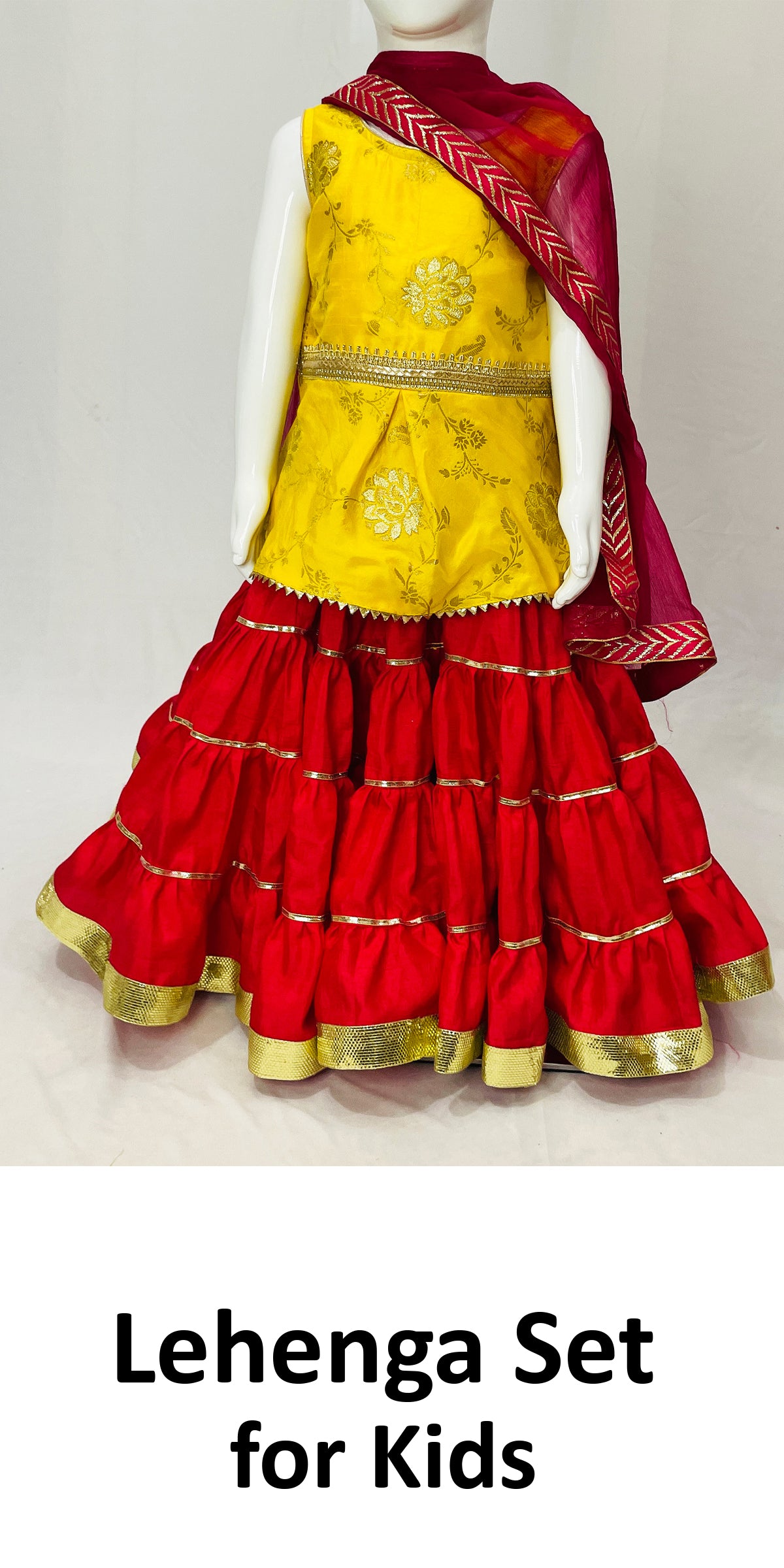 Red Yellow Silk Lehenga Kurti Set with Dupatta, Indian Ethnic kids wear, Diwali kids dress,