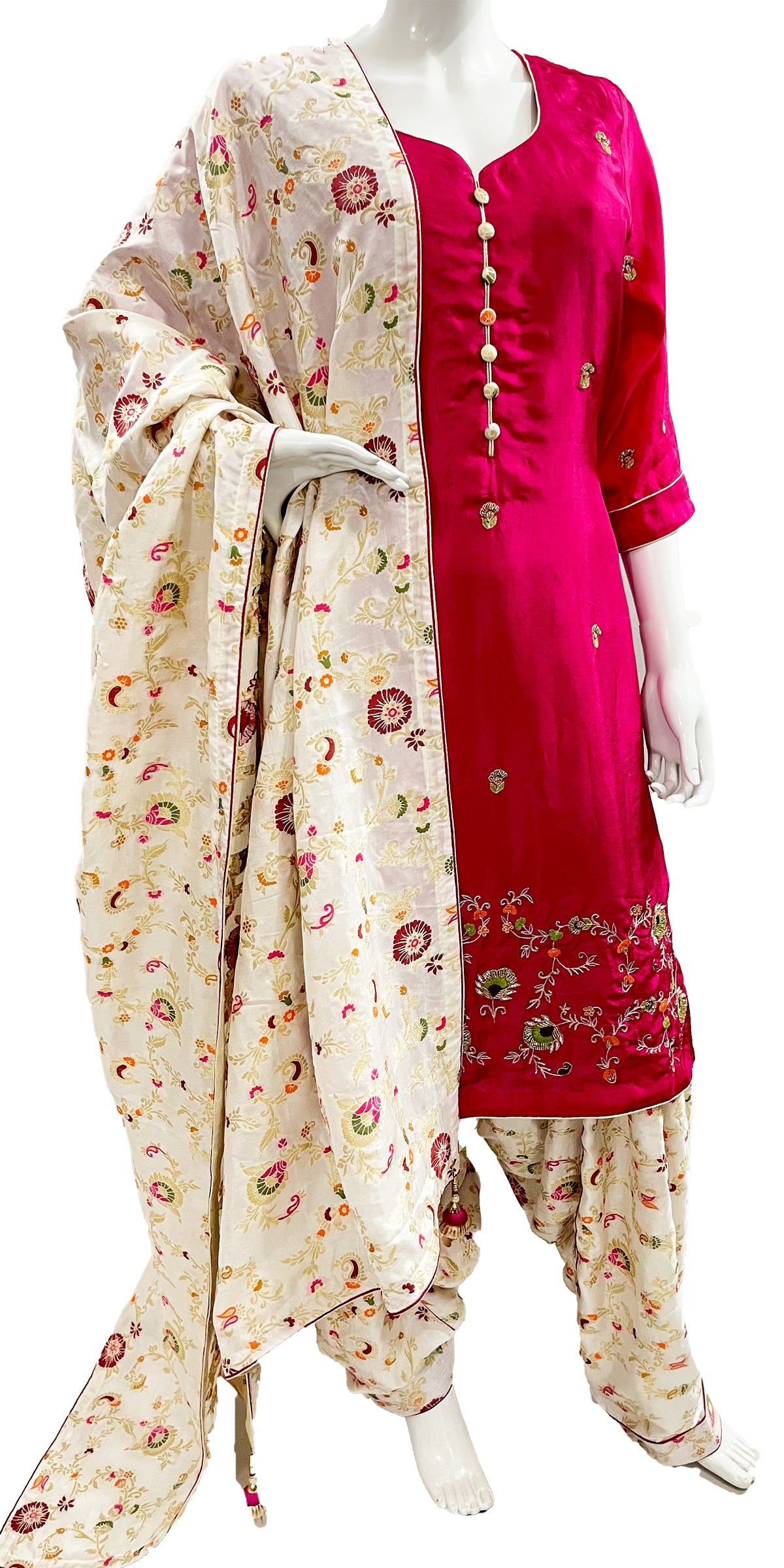 Beige and Pink Hand embroidered Punjabi Patiala Salwar Suit, Pure Upada Silk Punjabi Suit