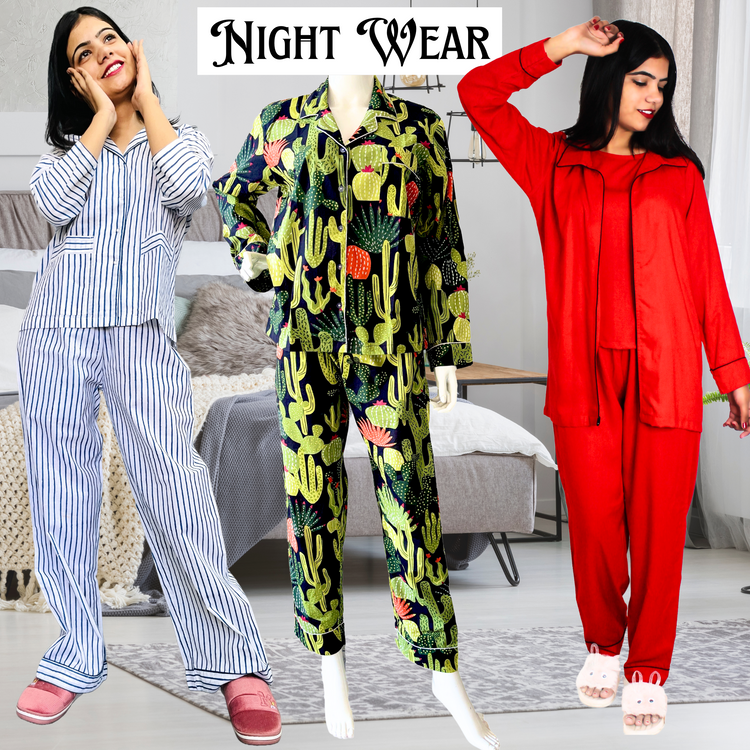Night Pajamas, Pjs, Sleepover Pajamas, Night Gowns Robe, 3 Set Pjs, Nighties, Night Dress, Nightwear, Night Suits, Night Robes