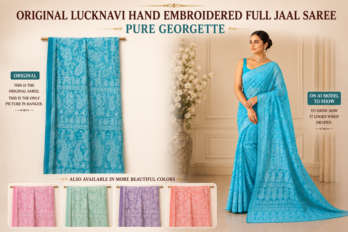 Pure georgette embroidered saree collection featuring six elegant colors—green, blue, purple, maroon, dark green, and peach—with intricate white floral embroidery and paisley motifs.