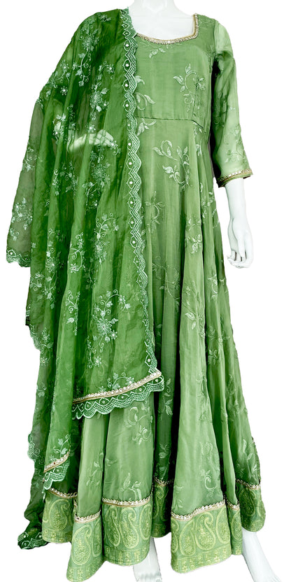 Pista Green Anarkali Gown with Stole, Pure Organza Embroidered Long Dress, Partwear, Plus size long gown with Dupatta, Indian Long Dress