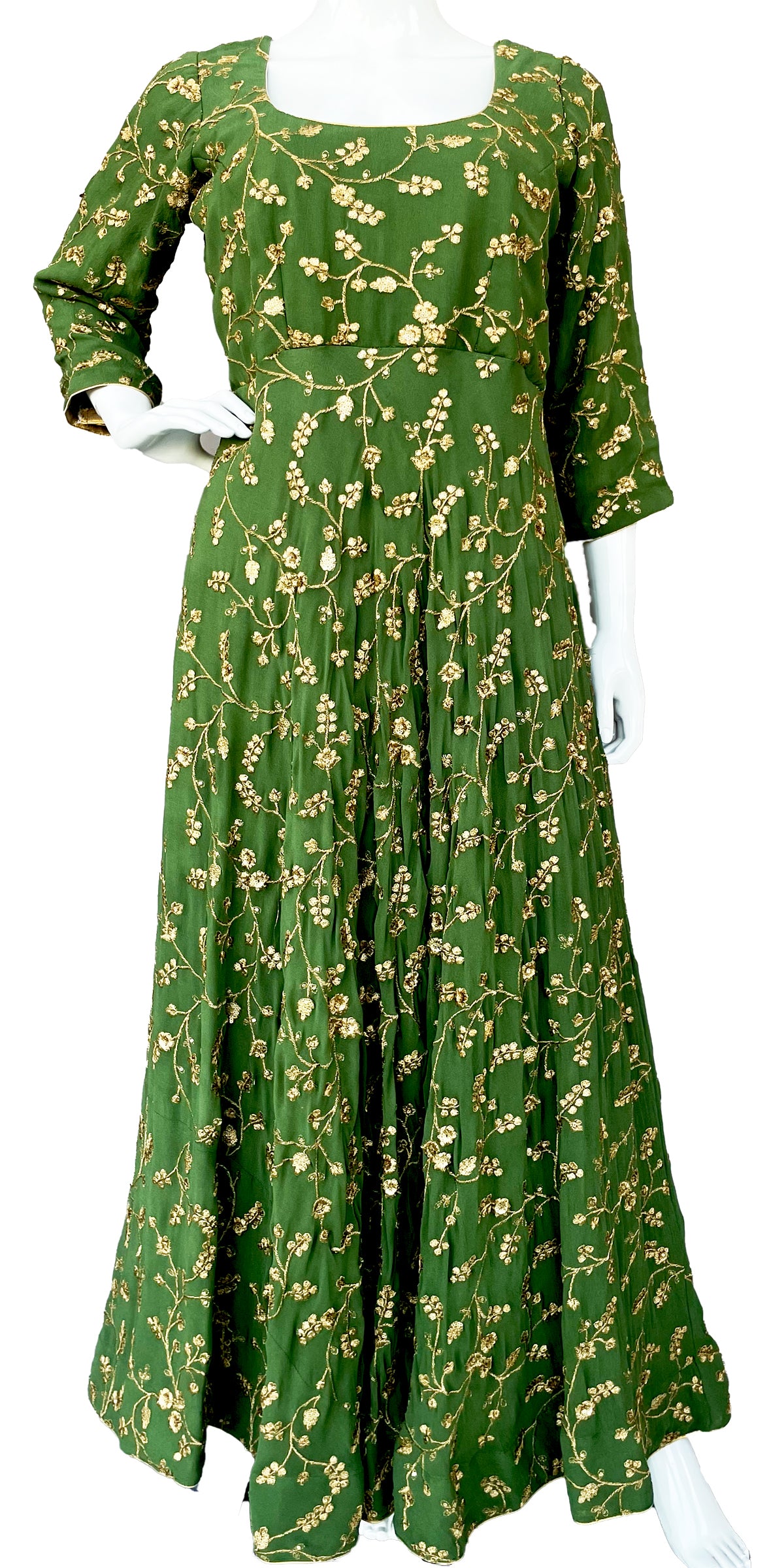 olive green indian dress Olive Green Embroidered Chinnon Anarkali Gown l